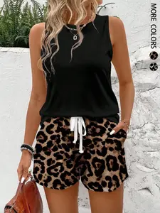 2pcs/Set Women's Contrast Color Leopard Print Sleeveless Round Neck Top And Short Sleeve Set,  Suitable For Summer Island Vacation Outfits，Stylish and Comfortable for Daily Wear