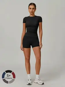 Women's Solid Ribbed Crop Tee & High Waist Tummy Control Butt-Lifting Shorts Tracksuit Set, Fitness Activewear, Training Clothes, Quick Drying for Yoga Gym Workout Running Clothes, Ladies Sportswear for Indoor Outdoor Wear