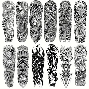 12 Piece Full Arm Temporary Tattoos, Tribal Totem Cool Cow Turtle Design, Waterproof Realistic Body Art Stickers for Men Women