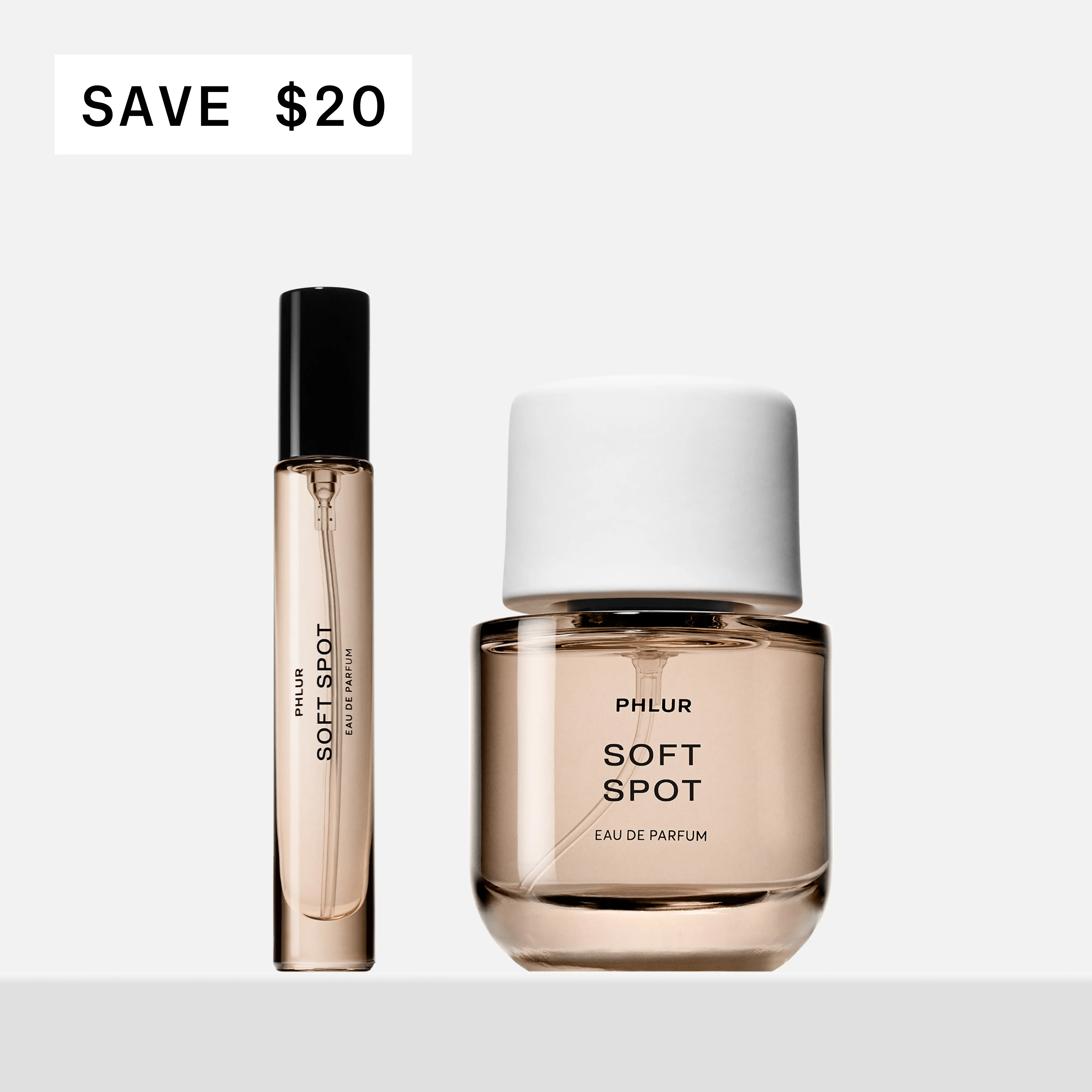 PHLUR Soft Spot Eau de Parfum Duet - Full + Travel Size Perfume Set with Soft Citrus, Florals & Glowing Amber (50mL + 9.5mL) PHLUR Soft Spot Eau de Parfum Duet - Full + Travel Size Perfume Set with Soft Citrus, Florals & Glowing Amber (50mL + 9.5mL)