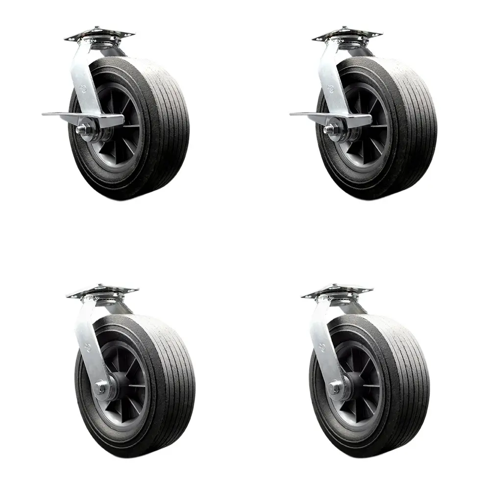 Service Caster SMOK-SCC-100S1030-SNB-SLB-BSL-2-BSL2 10in x 3in Swivel BBQ Smoker Flat-Free All-Terrain Caster Wheel Set - Ball Bearings, Easy Roll, Maintenance-Free Solid Rubber, Noise Reduction, Grill Mobility for Enthusiasts