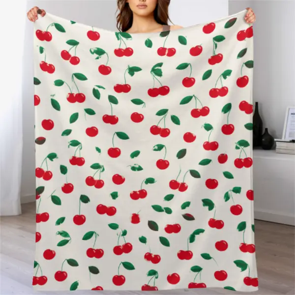 Cherry Pattern Throw Blanket, Cute Red Cherry Printed Flannel Fleece Blanket, Fresh Fruit Aesthetic Soft Cozy Blanket for Sofa Bed Couch Bedroom Decor, Sweet Summer Style Gift for Women Girls, All Season Warm Blanket
