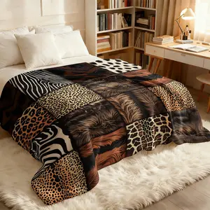 Retro Wild Animal Print Patchwork Flannel Throw Blanket, Mixed Leopard Zebra Fur Pattern Blanket for Adults Teens, Multi-Use Cozy Blanket for Bed Sofa Cover Office Nap Car Camping Travel