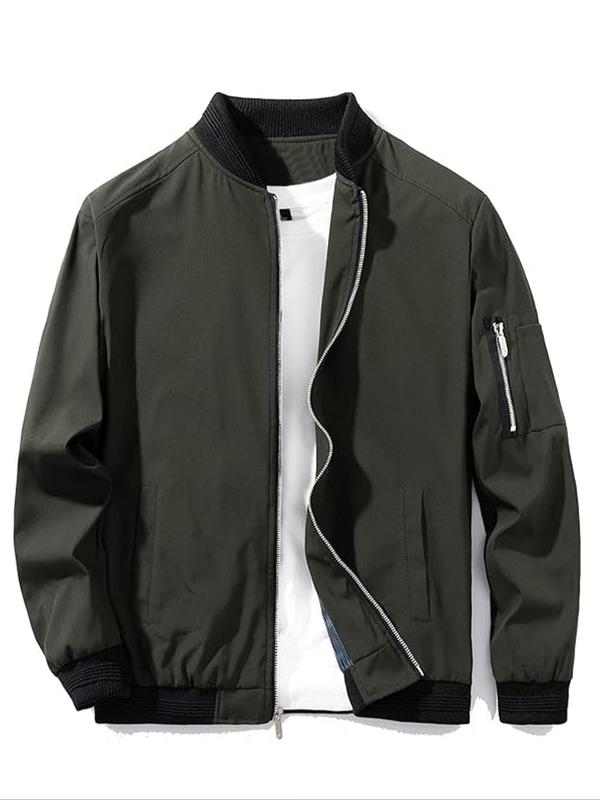 Men's Zip Up Pocket Bomber Jacket, Casual Long Sleeve Stand Collar Windproof Outerwear Coat with Pockets for Spring & Fall, Men's Clothes for Daily Wear