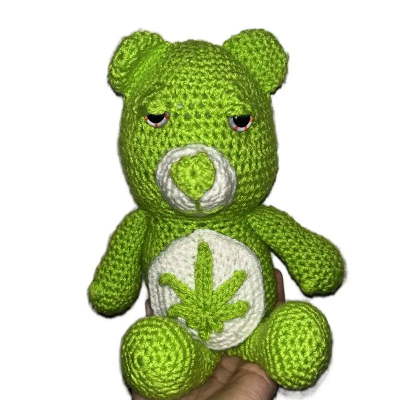 Handmade Crochet Don't Care Bear Plush 420 Addition Green Color with Leaf Design