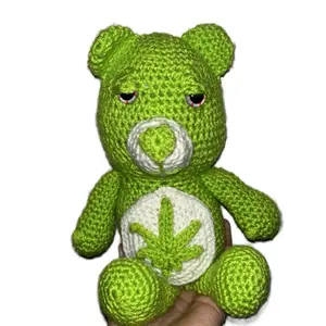 Handmade Crochet Don't Care Bear Plush 420 Addition Green Color with Leaf Design 10x13in Special Edition Quirky Toy