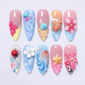 Mismatched Ocean Beach Press on Nails with 3D Turtle, Jellyfish & Flower | Fake Nails in Almond | Kawaii Summer Handmade Art