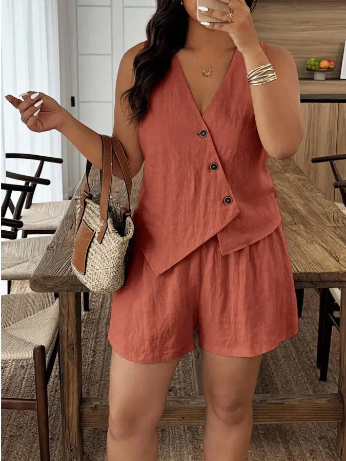 GADGEET Plus Size Women Single-Breasted Vest And Shorts Casual Suit Elegant