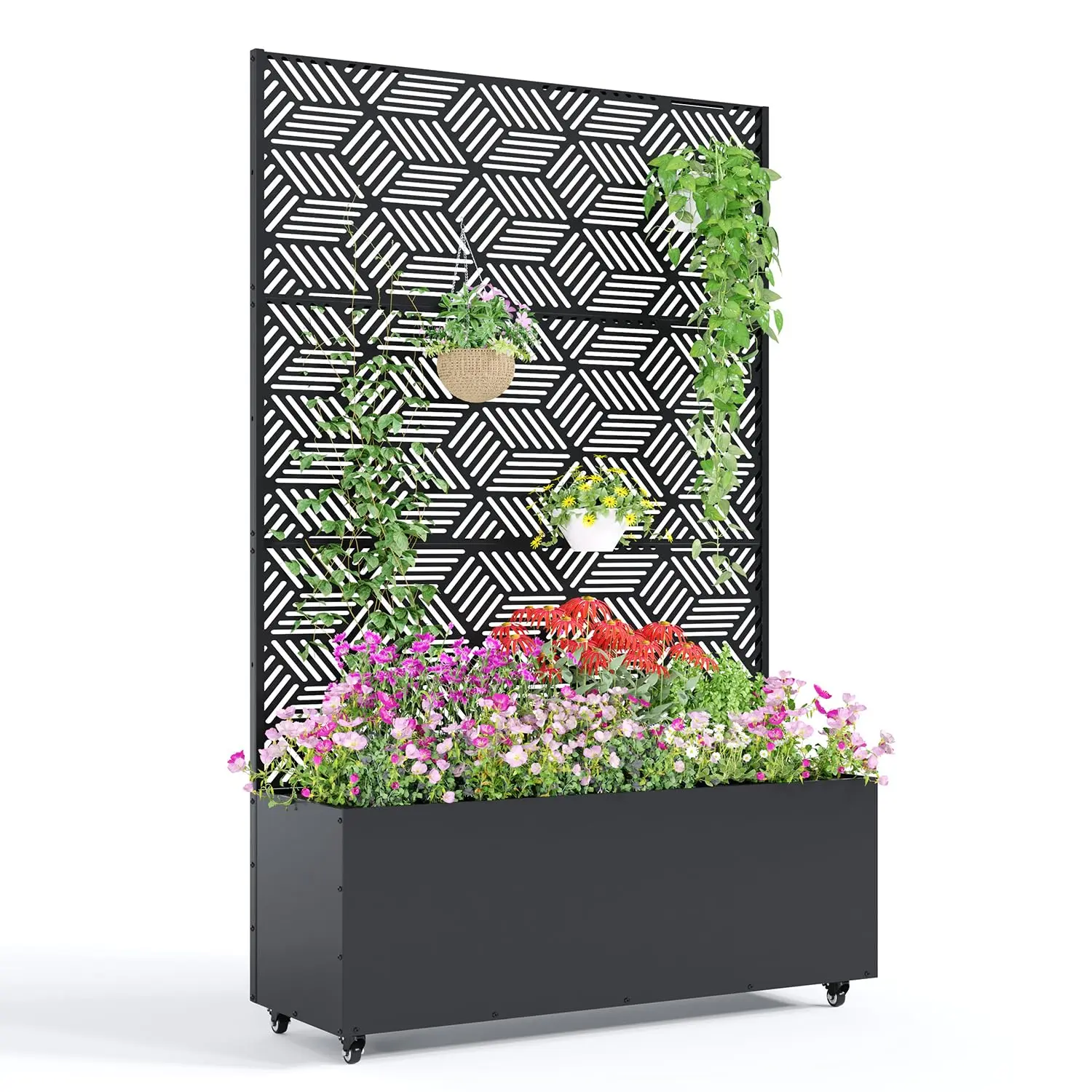 Garvee Joanakren Metal Planter Box with Trellis and Wheels, 71"Raised Garden Bed for Climbing Plants, Vegetables, Vines, Privacy Planters for Patio with Drainage Holes, 15.7" Deep Planting Bed（Antique Black）