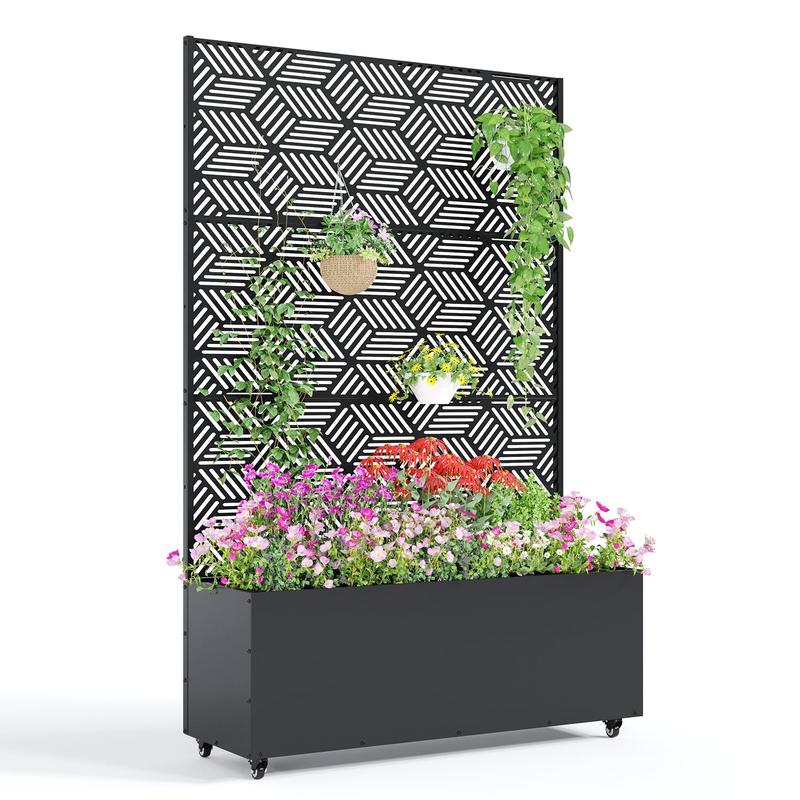 Garvee Joanakren Metal Planter Box with Trellis and Wheels, 71"Raised Garden Bed for Climbing Plants, Vegetables, Vines, Privacy Planters for Patio with Drainage Holes, 15.7" Deep Planting Bed（Antique Black）