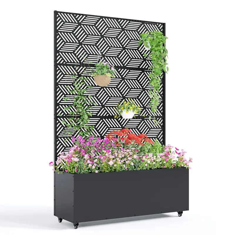 Garvee Joanakren Metal Planter Box with Trellis and Wheels, 71"Raised Garden Bed for Climbing Plants, Vegetables, Vines, Privacy Planters for Patio with Drainage Holes, 15.7" Deep Planting Bed（Antique Black）