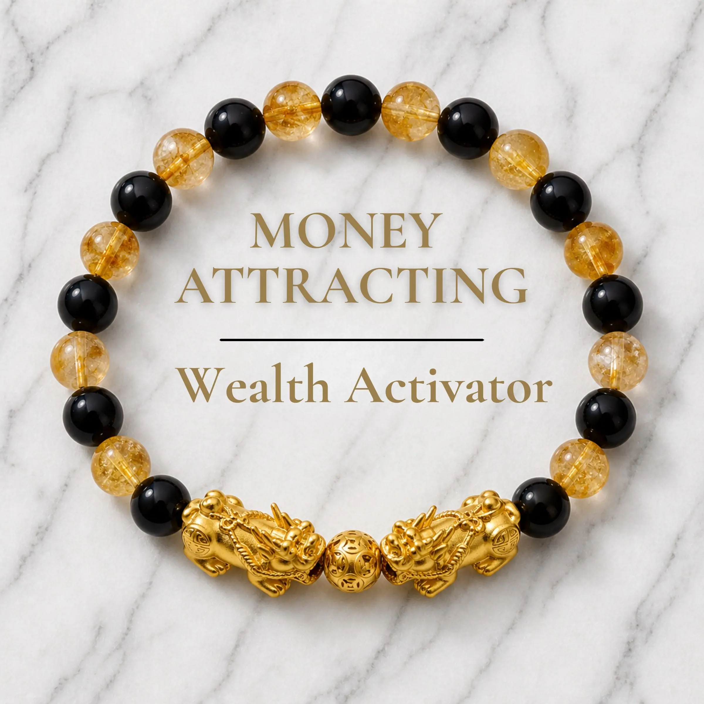 Money Attracting Citrine and Black Obsidian Double Pixiu Bracelet