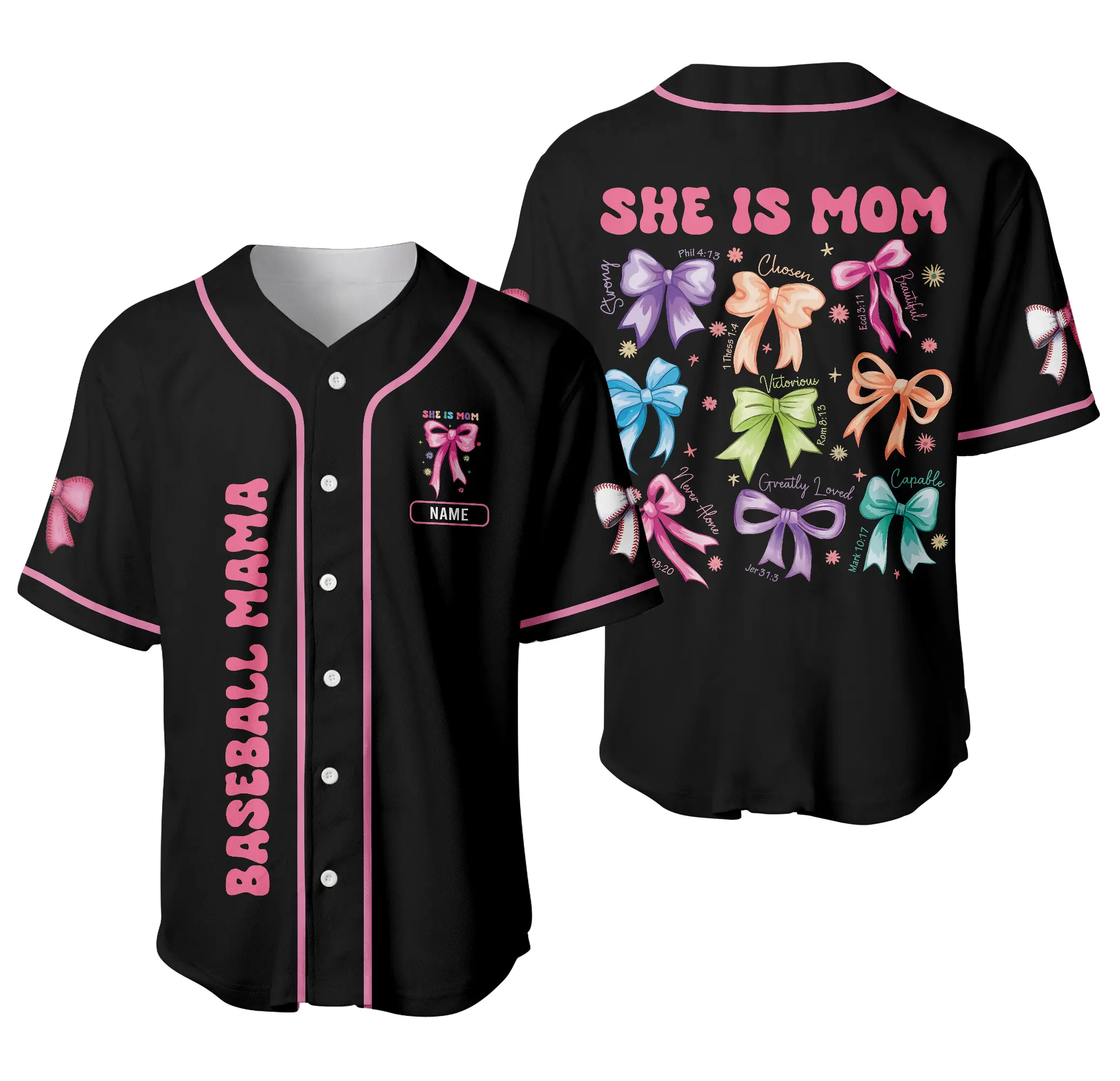 Personalized She Is Mom Custom Baseball Jersey Shirt, Coquette Praying Mama Sweatshirt, Bible Verse Tee, Blessed Mom Bow Sweater