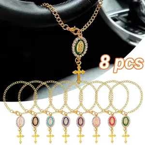 8pcs Rosary Car Charm Set, Steering Wheel Pendant Accessory, Durable & Stylish Decor for Various Vehicle Models, Great Valentine's Day, Party & Birthday Gift, Suitable for Rearview Mirror & Driving Protection
