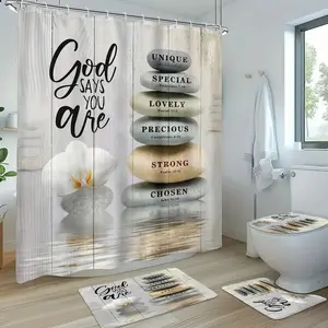 4pcs sacred scripture designs, Christmas tree and star, exquisite shower curtain set, non-slip floor mat, U-shaped carpet, toilet lid cover, perfect for bathroom decoration, partition, beautify space, 12 shower curtain hooks are given