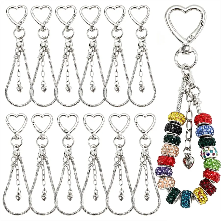 10-Piece Silver Heart-Shaped Alloy Metal Beaded Keychains - Wholesale DIY Beading & Jewelry Making Kits, Crafting Supplies with Mini Pendants