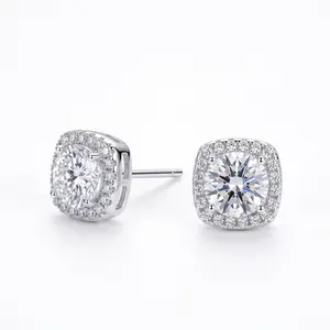 Hypoallergenic Sterling Silver Post Zircon Earrings, Square Halo Design, Sparkling Studs for Sensitive Ears
