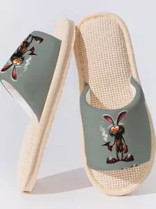 Steam Rabbit Linen Slippers, Punk Quirky Style, Breathable Non-Slip Sole, Casual Home Wear, Bedroom Living Room, All Seasons