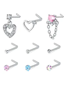 Cute Heart & Star Design L-shaped Nose Studs, Stainless Steel Nose Rings, Fashion Body Piercing Jewelry for Women & Men, Nose Piercings Kit