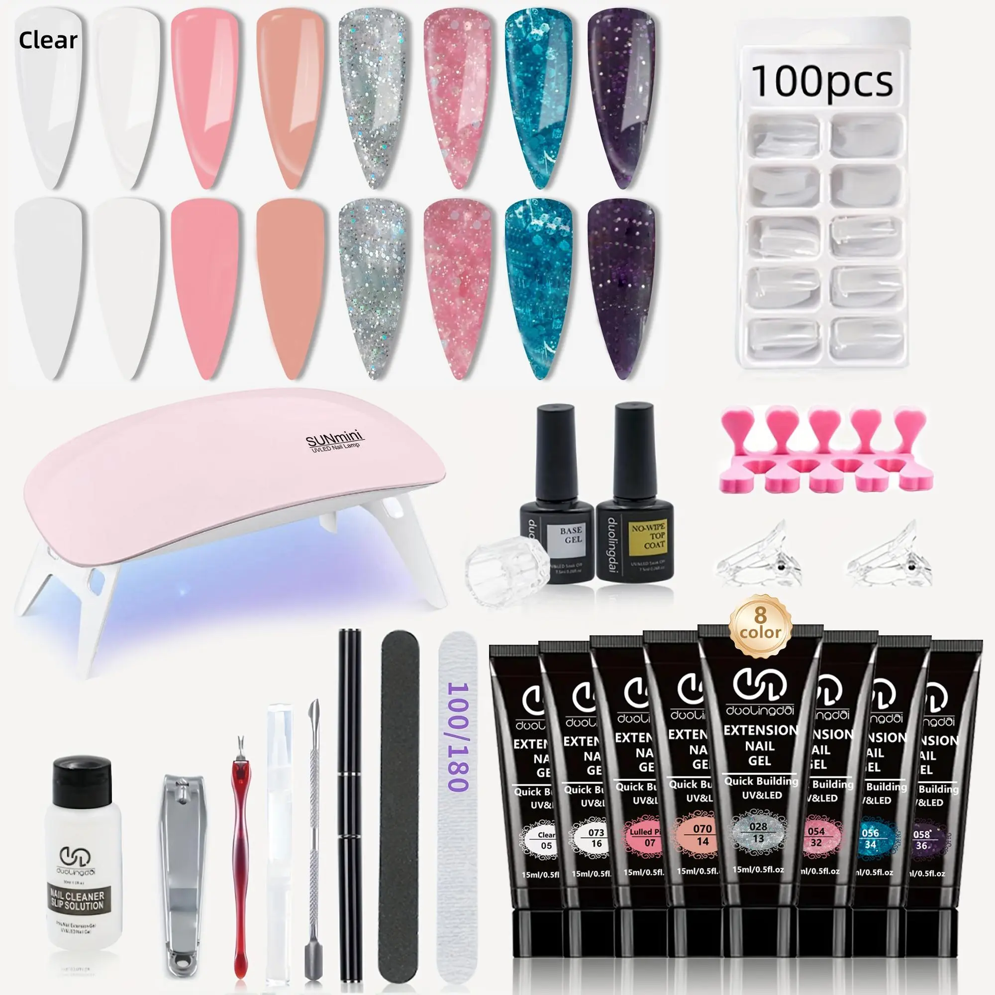 Professional Poly Gel Nail Kit Complete for Beginners, 1 Set Soak off Gel Nails Kit with UV Light UV Gel LED Lamp Nail Art Kit with Nail File & Nail Stick & Tape & Nail Cleaning Pad