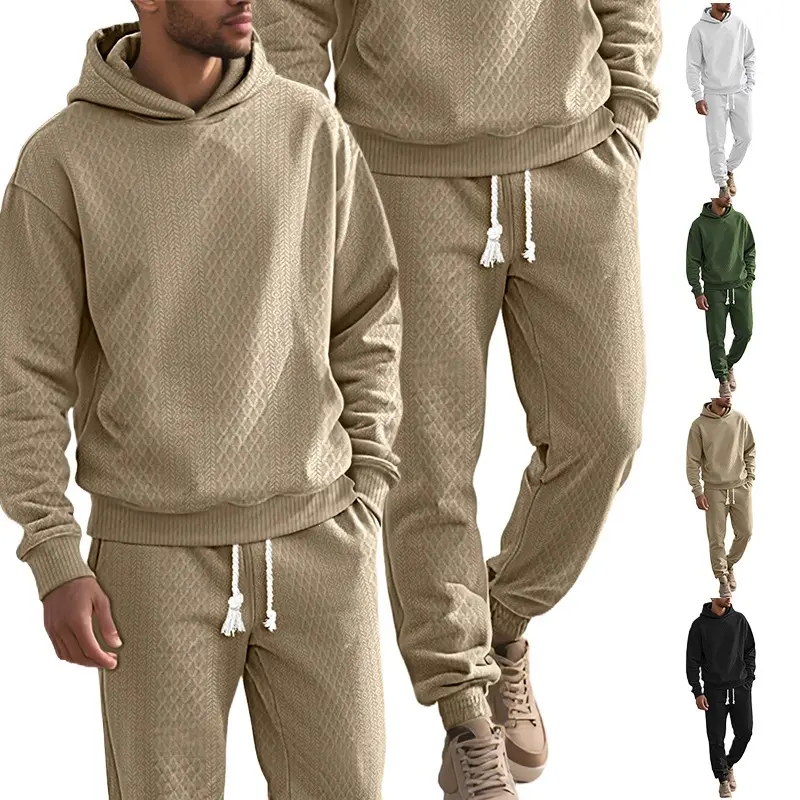 Men's 2 Piece Tracksuit Textured Quilted Hoodie and Jogger Pants Casual Sweatsuit Set