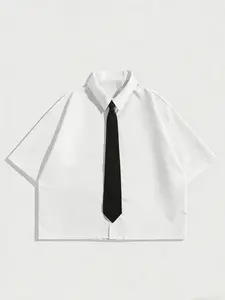Men's Casual Short Sleeve Shirt with Tie, Minimalist Graphic Design and Comfortable Fabric for Work and Coffee Outings, Stylish and Versatile Everyday Wear, Menswear