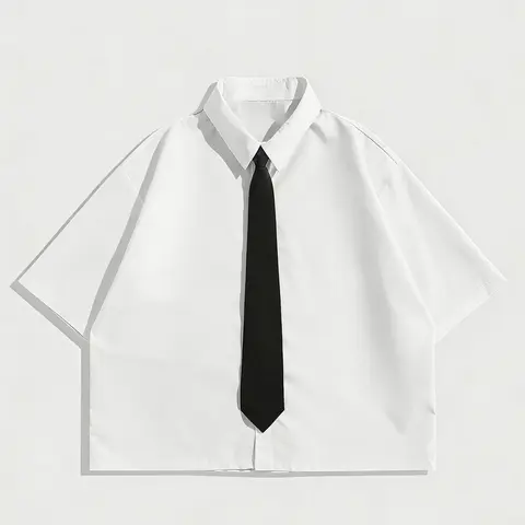Men's Casual Short Sleeve Fitted Long Shirt with Tie, Minimalist Design and Comfortable Fabric for Work, Office and Coffee Outings, Stylish and Versatile Everyday Wear Top