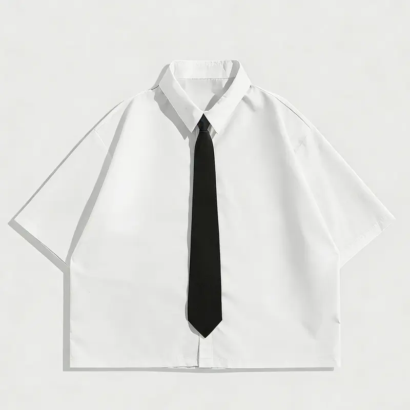 Men's Casual Short Sleeve Fitted Long Shirt with Tie, Minimalist Design and Comfortable Fabric for Work, Office and Coffee Outings, Stylish and Versatile Everyday Wear Top