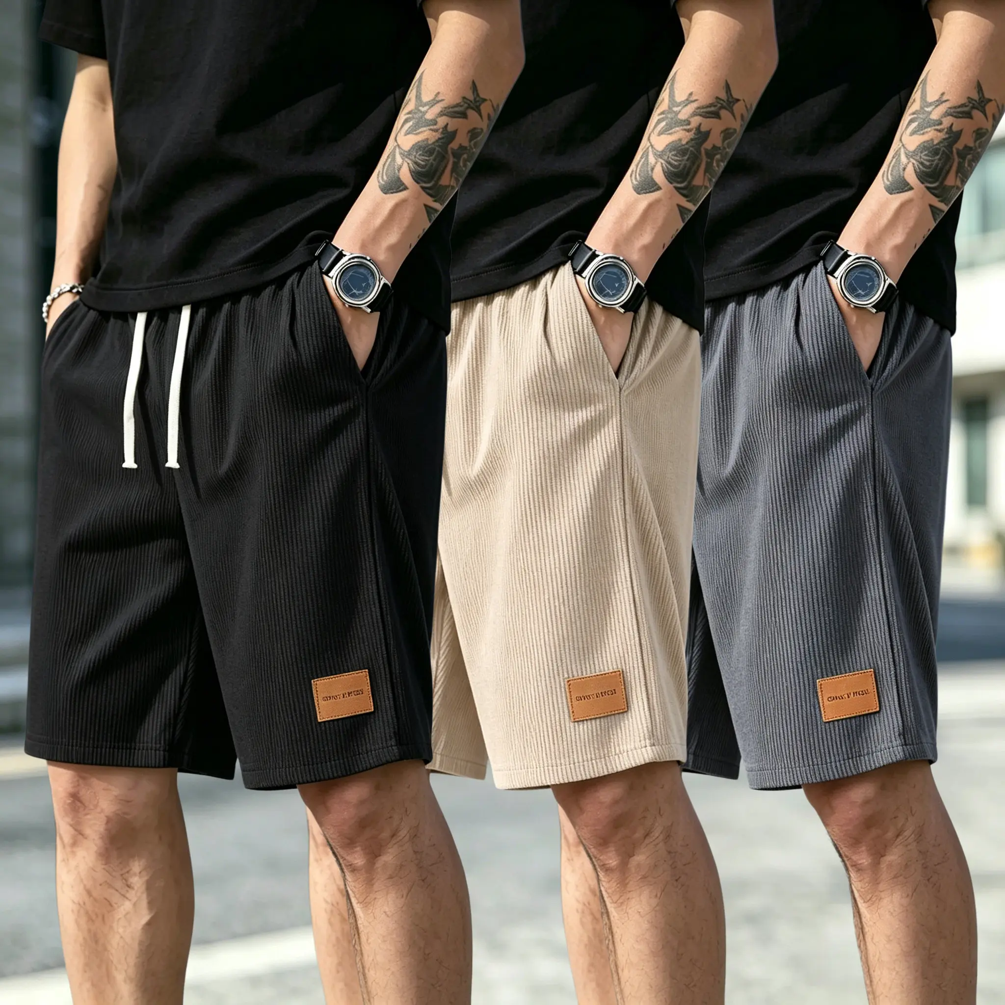 3-pack men’s corduroy shorts—summer vibe styling with drawstring and pockets; casual sports/outdoor fitness shorts; a must-have premium piece for men’s summer wardrobe.