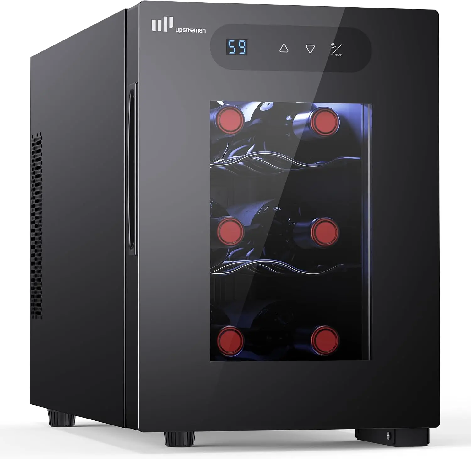 Upstreman 6 Bottle Small Wine Fridge, Thermoelectric Wine Cooler | 41-66°F Temp Control, Quiet & Energy Efficient, Glass Door with Digital Display & LED Light for Home/Bar/Office