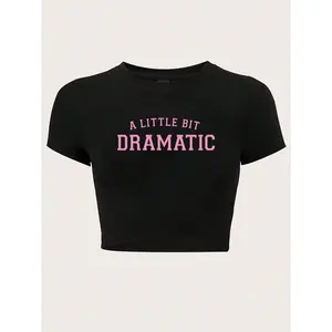 Letter Print Slim Fit Cropped T-Shirt For Summer A LITTLE BIT DRAMATIC