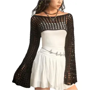 Women's Hollow Out Knit Bolero Shrug Crochet Cropped Sweater Top Bell Long Sleeve Y2K Cover Up Top Knitwear Womenswear Knitting Fitted Casual Army Green Basic Minimalist Short