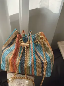 2026 New Colorful Striped Woven Bucket Bag, Lightweight Chain Strap Shoulder Fashionable Crossbody Bag, Summer Beach Essential, Daily Outing Must-Have
