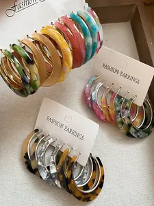 6-Piece Silver Color Leopard Print Acetate C-Shaped Ear Rings Set, Vibrant Color Dyeing Design, Fashion Jewelry Accessories, Lightweight Chunky Hoops, Hoop Earring Sets