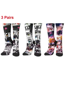 3-Pair Men's Classic Anime Character Eye-Close-up Themed Patchwork Art Socks Set - Fashionable Street Hip Hop Cartoon Women's Mid-Calf Socks, Comfortable, Breathable, Non-Slip, Dirt-Resistant, Suitable for Home Wear, Sports, and Holiday Gifts