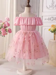 Girls Off-Shoulder Embroidered Dress, Ruffled Straps, Multi-Layer Mesh Skirt, Floral & Gold Leaf Design, Embroidered Flowers, Perfect for Birthday Parties