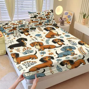 Dachshund Print Non-Slip Bedding Set, 1 Fitted Sheet + 2 Pillowcases, Cute Floral Sausage Dog Design, Soft Breathable Deep Pocket Mattress Cover, Wrinkle Resistant All Season Bed Sheets for Teens Adults Bedroom Dorm