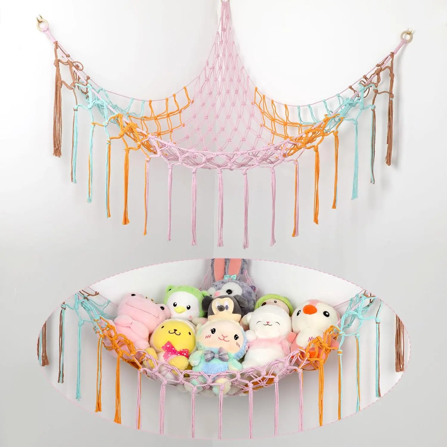Stuffed Animal Hammock Corner, Hand-knitted Large Plushie Net Toy Hammock with Wooden Rings| Boho Cute Stuff Animal Storage for Nursery & Bedroom| Mesh Kids Toy Organizer Holder Nursery Room Decor