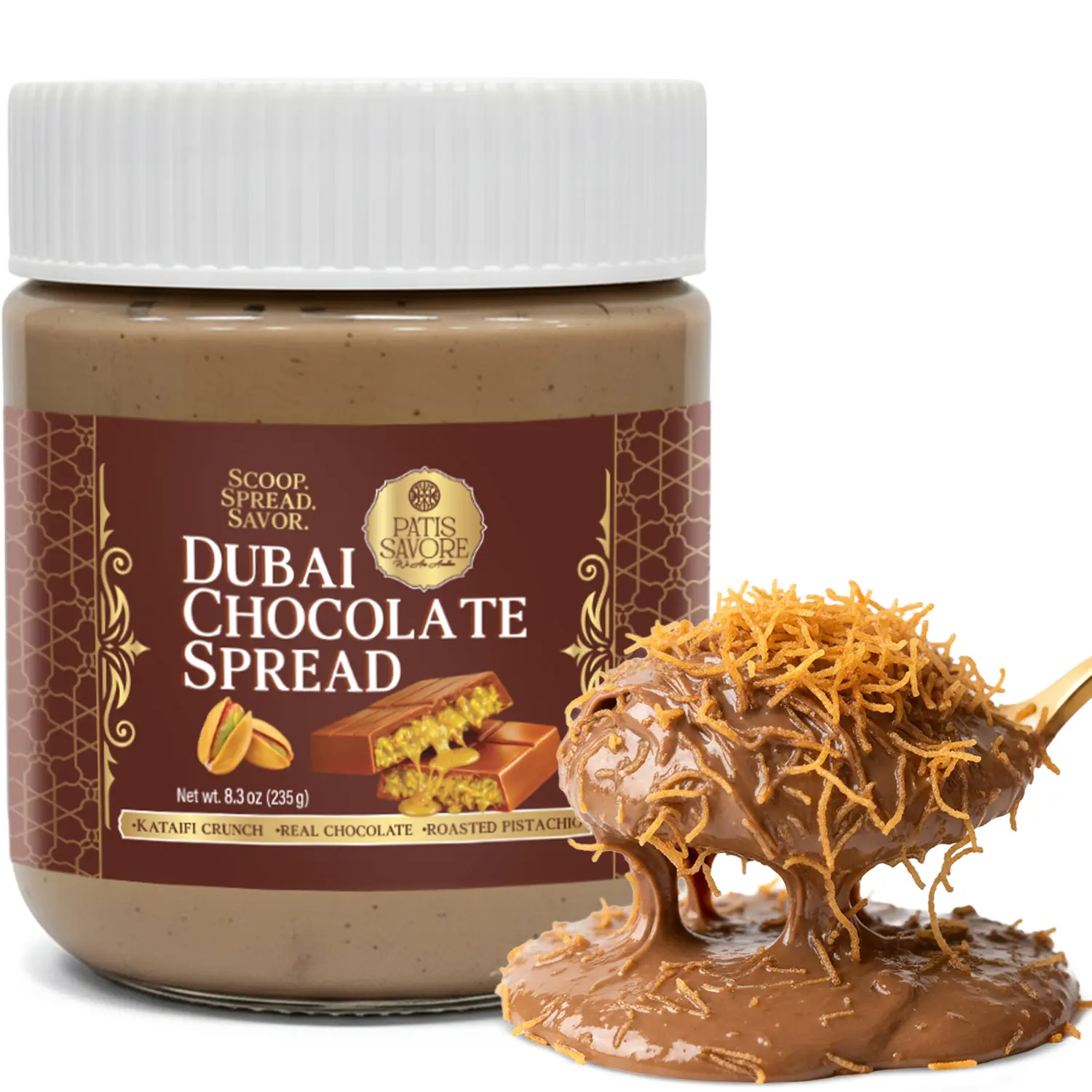 Patis Savore | Dubai Chocolate Spread Jar with Kataifi Pistachio Cream – 8.3oz Viral TikTok Dessert – Middle Eastern Milk Chocolate Filling – Rich Creamy Gourmet Gift