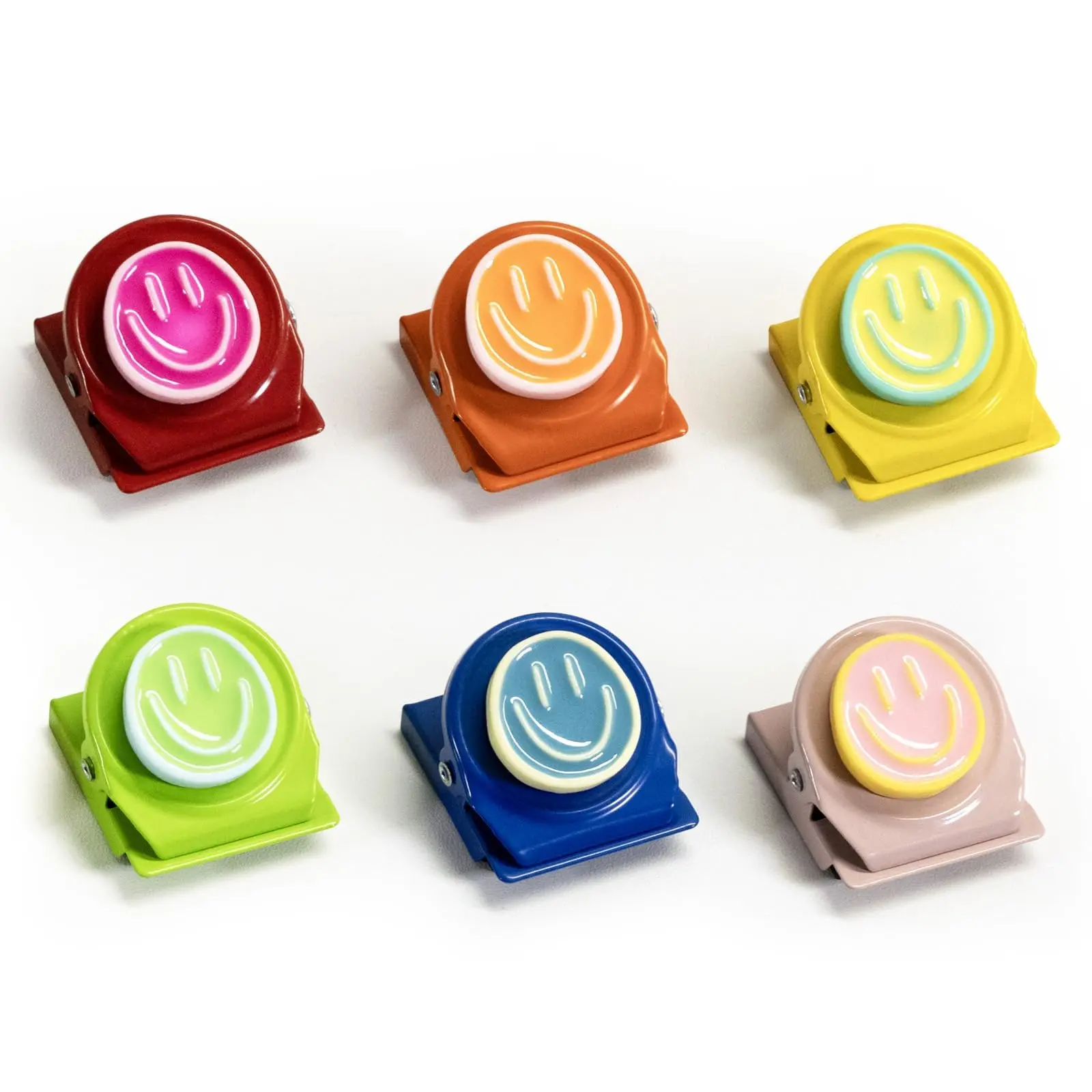 6-Pack Metal Happy Face Magnetic Clips with Strong Magnets - Home Decor Supplies Set for Refrigerators, Whiteboards, Artwork Display