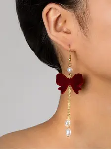 Elegant Velvet Bow Simulated Pearl Dangle Earrings for Women, Long Chain Daily Wear, Perfect for Holidays, Faux Pearl Jewelry, Fashion Earring