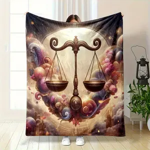 Libra Zodiac Flannel Blanket - 100% Polyester, Non-Woven Fabric, Reversible for All Seasons, Country Style Digital Print, Soft and Fluffy, High Quality, Non-Shedding, Light Beige, Fabric Weight 7.05-8.82 oz