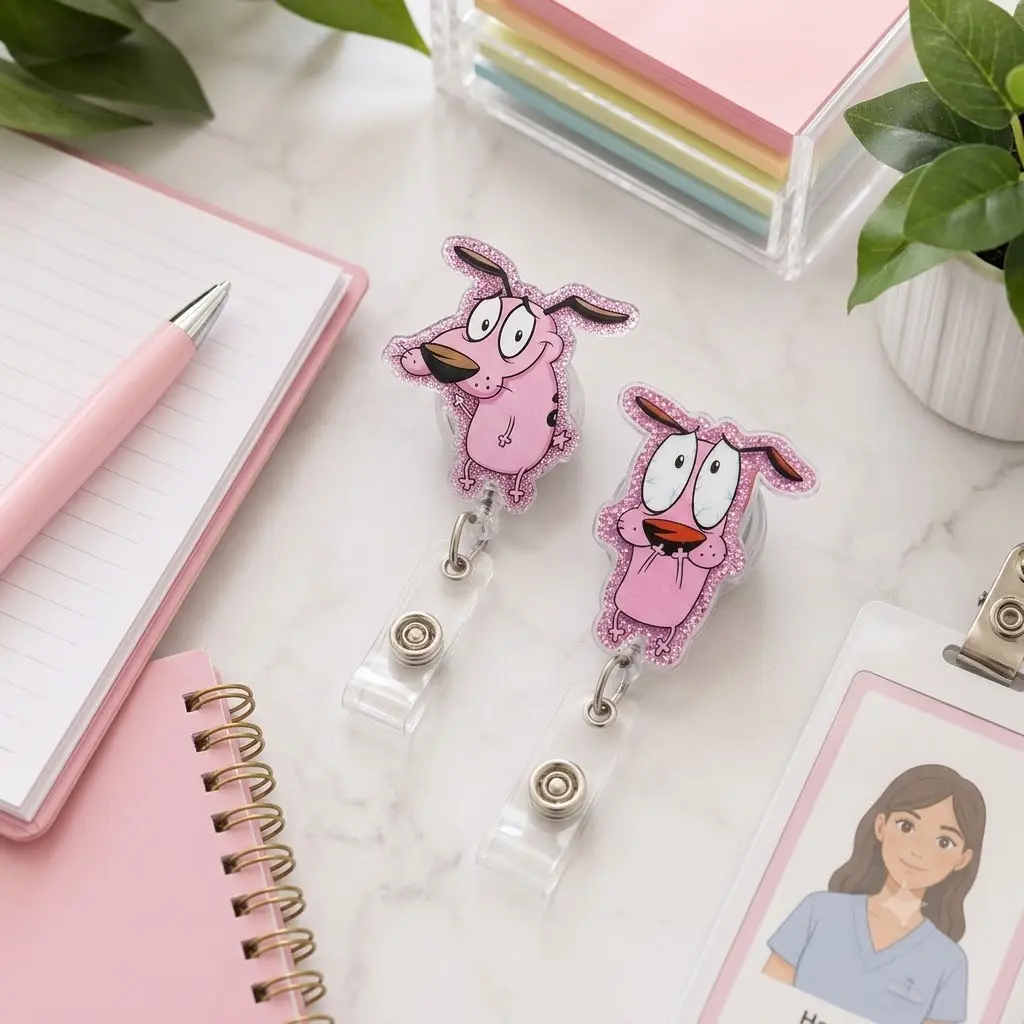 Anxious Pink Dog Glitter Badge Reel, Funny Nervous Puppy Retractable ID Badge Holder, Nostalgic Cartoon Animal Name Tag Clip, Vet Tech Pediatrician Gift