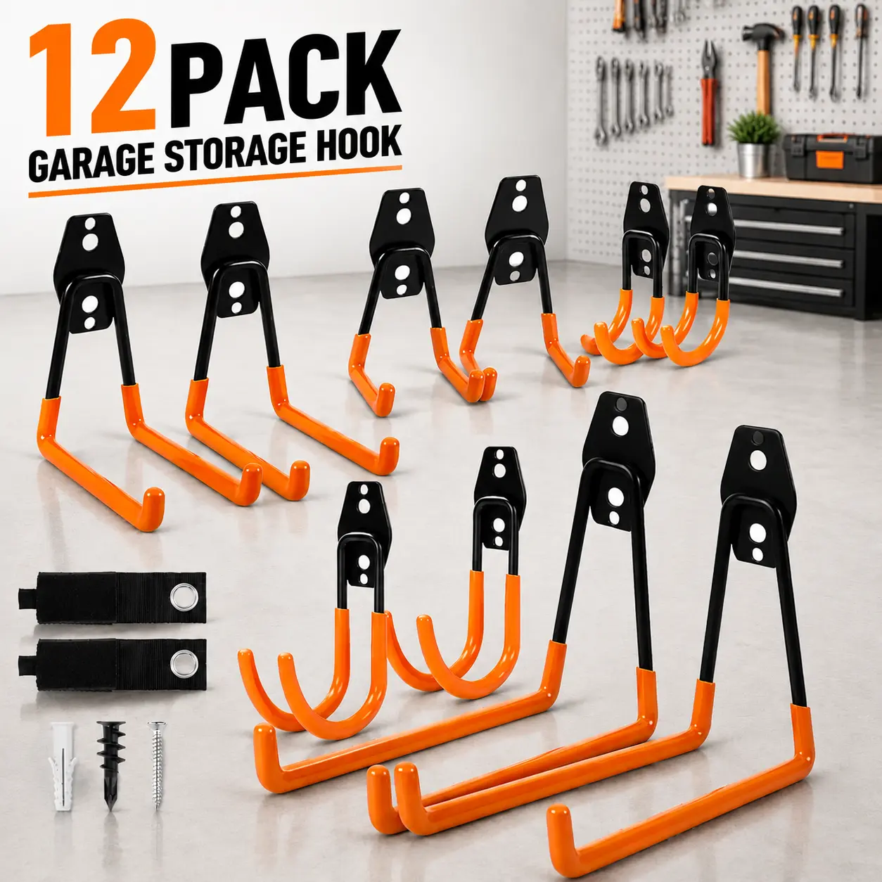12 Pack Heavy Duty Garage Hooks, Wall Mount Storage Hooks for Garage Organization, Steel Utility Hooks for Tools, Ladders, Bikes & Outdoor Equipment