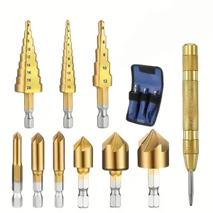 【10-Piece Set】 Knurled Brass-Colored Tungsten Tip Drill Set — Includes Center Punch + Diamond Tip + 9 Drill Bits (Step Drill, Triangular Wood Bits & Wood Dowel Bits) for Wood, Metal, Plastic & Drywall — Great Everyday Gift-002