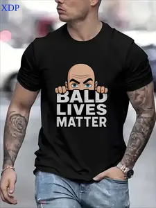 Men's Fun Baldness Quote T-Shirt - "BALD LIVES MATTER" White Text on Black Background, Lightweight Daily Casual Top, Positive Energy Crew Neck Short Sleeve Shirt, Machine Washable, Humorous Print, Sweat-Absorbent and Breathable Fabric, A Must-Have