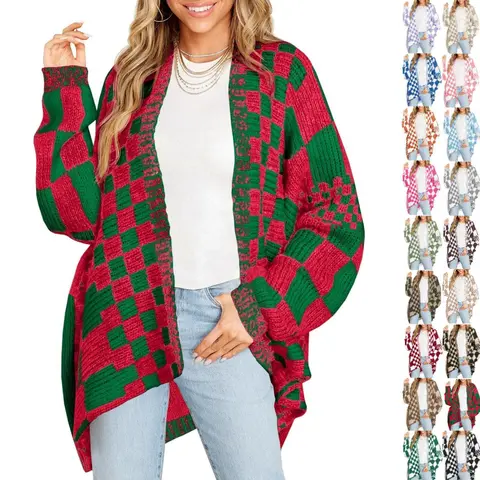 FMEYOA Womens Checkered Sweater Color Block Plaid Cardigans Oversized Long Sleeve Knit Open Front Coats