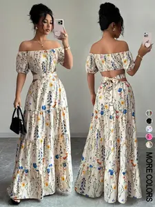 Women's Summer Vacation Style Floral Printed Dress, Elegant Fitted One-Piece Long Dress, Short Sleeve Lace Up Adjustable Design, All over Print