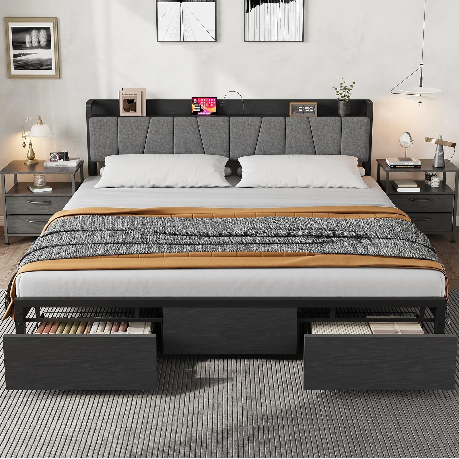 YJ-Garvee Upholstered Platform Bed Frame with Storage - King Size Black Modern Bedroom Furniture, Headboard with 2 AC Outlets & USB Port, 2 Large Storage Drawers, Silent Slat System, Space-Saving, No Box Spring Needed, Easy Assembly, Bed Frames With Stora