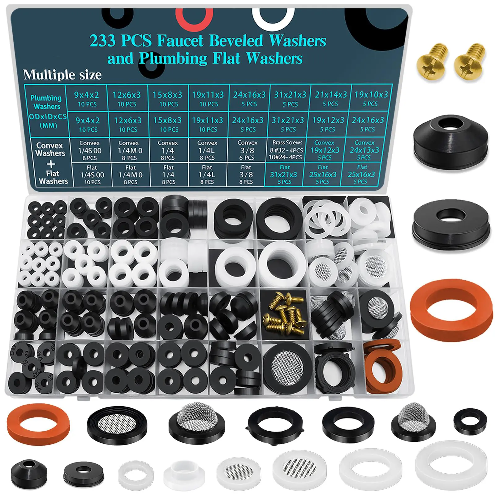 GJANSH 114pcs Flat and Beveled Faucet Washers and Brass Bibb Screws Assortment for Use with Assorted Quick-Opening Style Faucets Stem Worn Out Washer Replacements Black